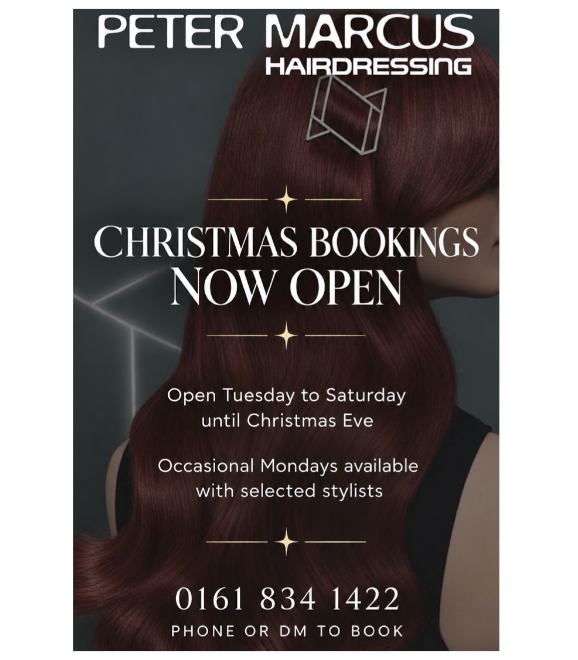 The festive season will be here before we know it, so it’s time to get those Christmas hair appointments booked in! ❤️🎅🏼
We’ll be open Tuesday – Saturday, right up until Christmas Eve, with the occasional Monday available with selected stylists. ✂️✨
Whether you’re after a festive refresh or that perfect Christmas party hair, we’ve got you covered! 🪩🥂
📞 0161 834 1422
📩 Give us a call or drop us a DM to get booked in!
We can’t wait to get you all Christmas ready! ❤️✨
#petermarcushairdressing #christmasbookings #christmashair #manchesterhairdresser